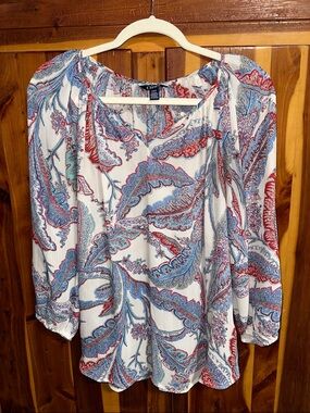 Chaps White Paisley Peasant Blouse - Blue & Red